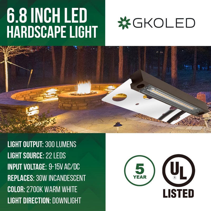 GKOLED UL Listed LED Hardscape Light, Retaining Wall Lights, 6.8 Inch Integrated 2700K LED Chips, Step Paver Wall Light, Solid Powder Coated Die-cast Aluminum Housing, 4W Low Voltage 12V AC/DC, 1 Pack - Image 2